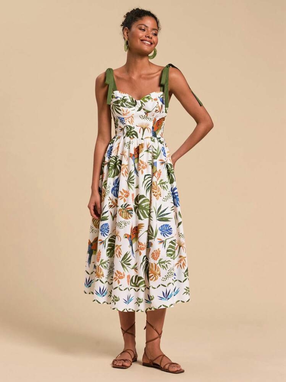 SHEIN White Tropical Leaf Tie-Strap Midi Dress with Green Straps